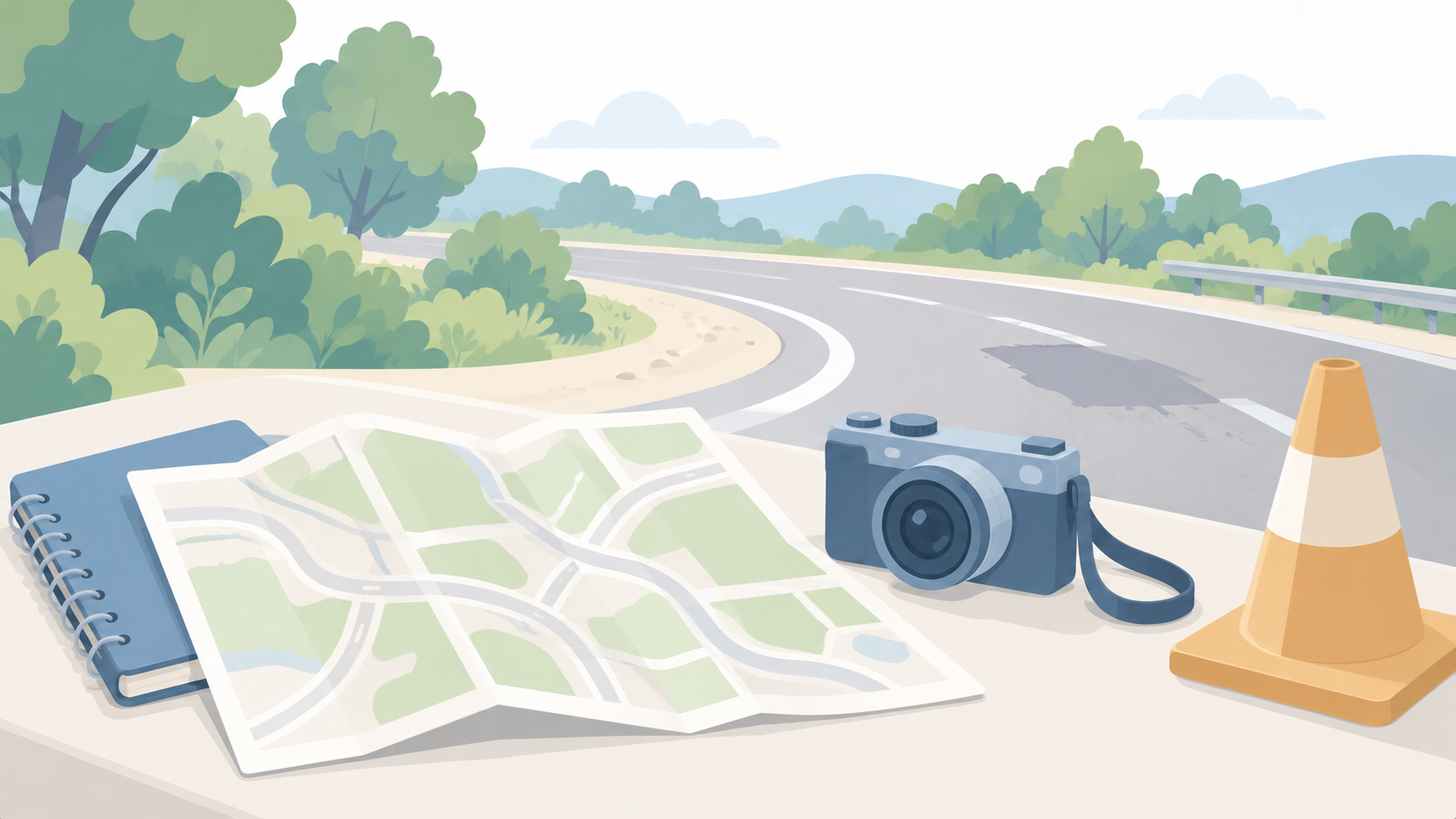 Soft illustration of an unlabeled road map, notebook, camera and muted orange cone beside a quiet curved road with a pavement patch