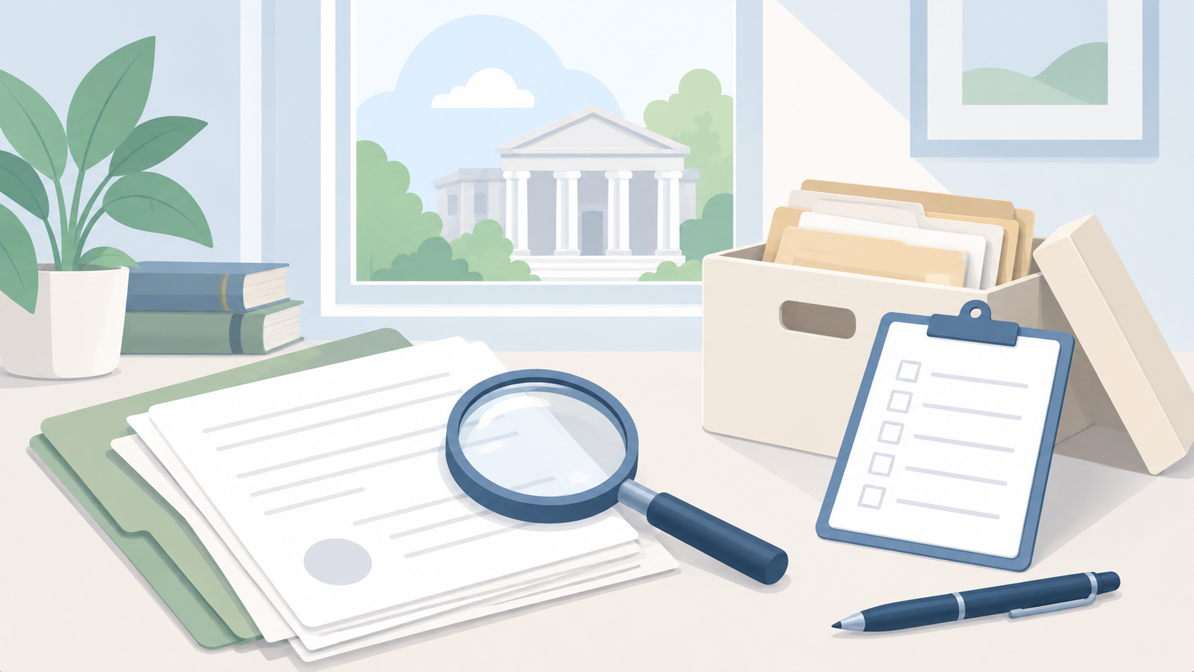 Soft illustration of papers under a magnifying glass, a property checklist, and a document box beside a courthouse window