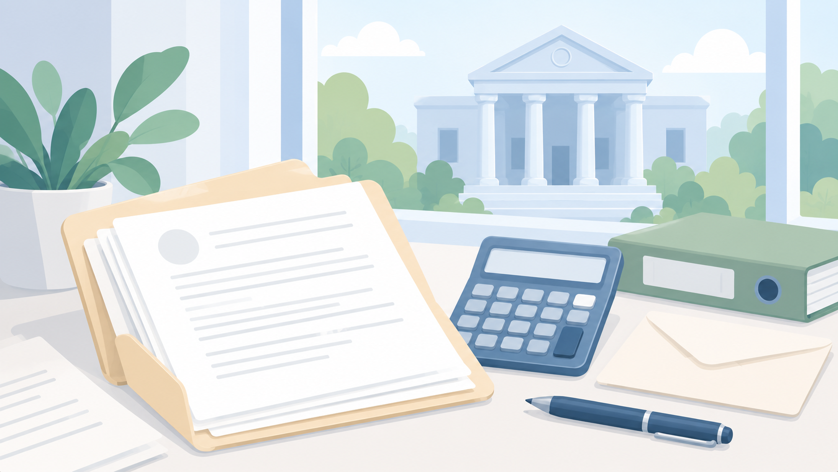 Soft illustration of a document packet, blank calculator, sage binder, envelope, and pen on a counter overlooking a courthouse