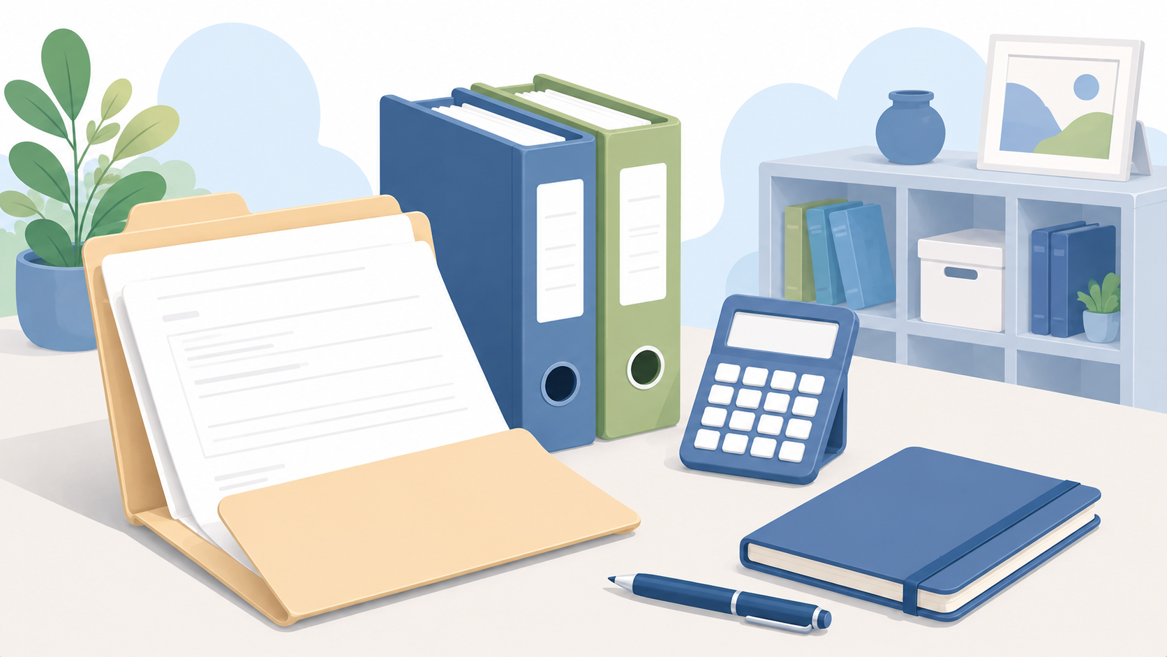 Soft illustration of an open folder, blue and sage binders, a blank calculator, notebook, and pen in a quiet office