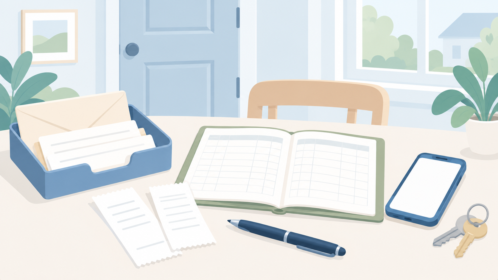 Soft illustration of an open rental-payment ledger, receipt slips, letter tray, phone, pen, and keys on a pale table