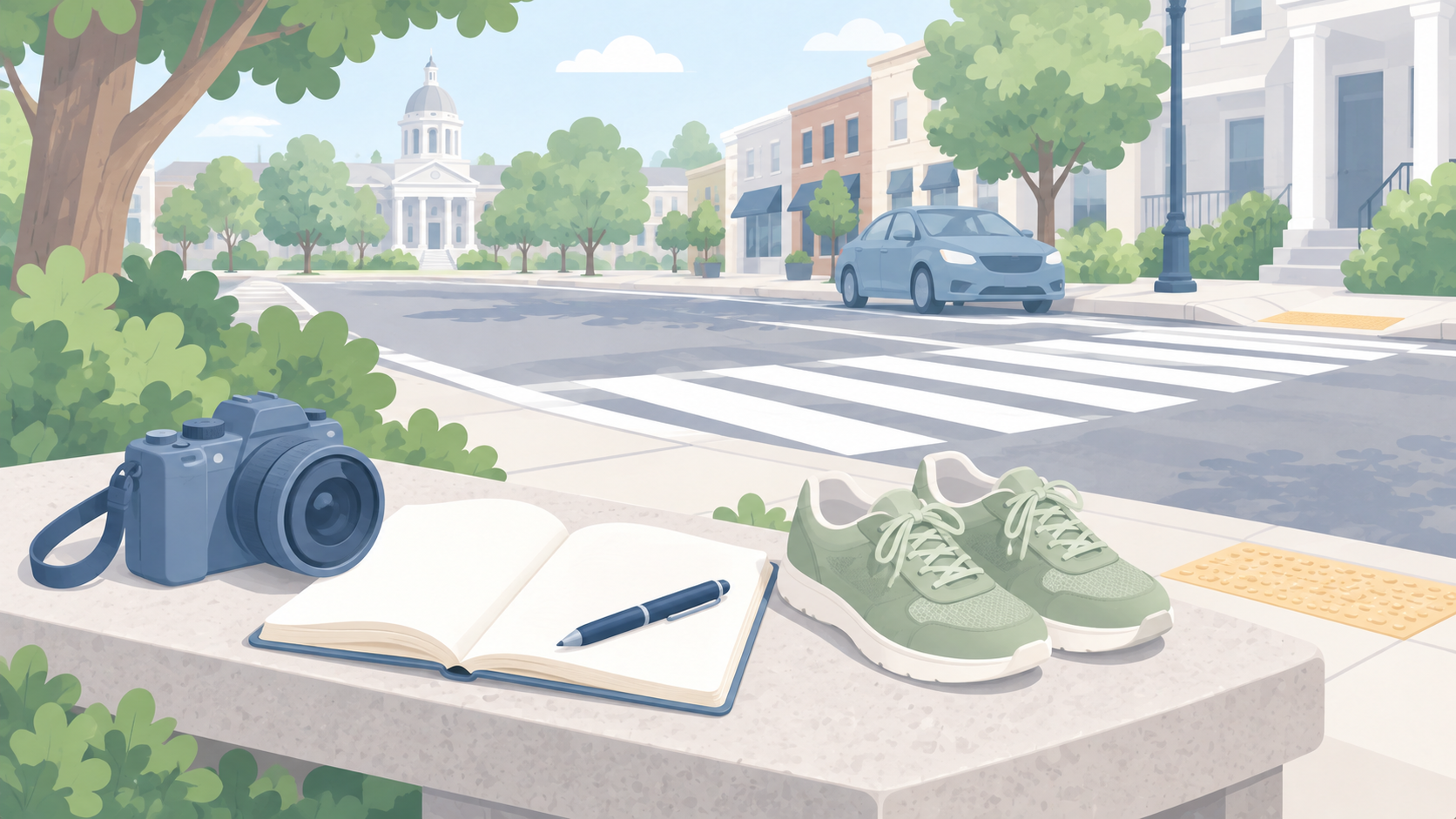 Soft illustration of a camera, notebook, and walking shoes beside a quiet street crossing with a blue car and pale buildings