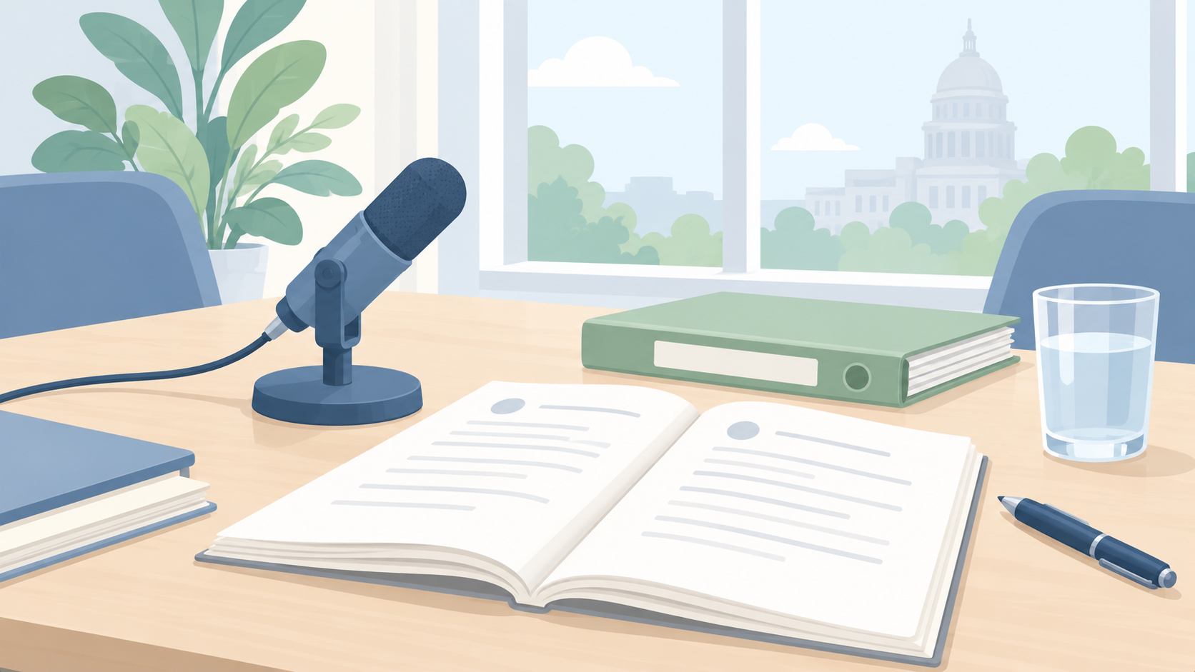 Tabletop microphone, open booklet, sage binder, water glass, and pen in a quiet conference room