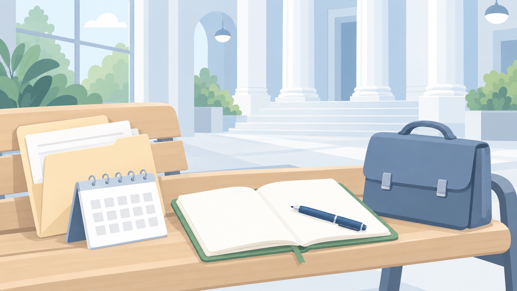 Soft illustration of a document folder, blank calendar, open notebook, pen, and blue satchel on a bench in a pale courthouse corridor