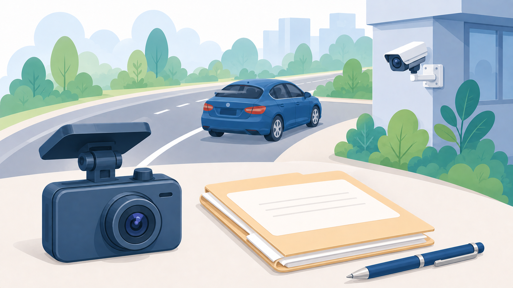 Soft illustration of a dash camera, organized files, a blue car, and a camera on a nearby building