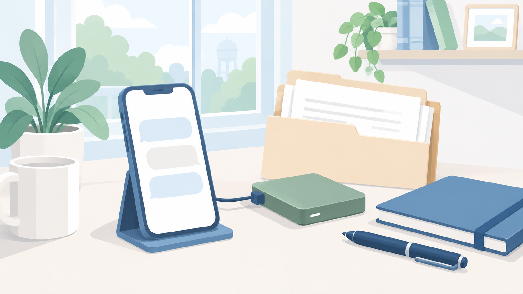 Soft illustration of a phone with blank message shapes, a backup drive, document folder, notebook, and pen on a pale office desk