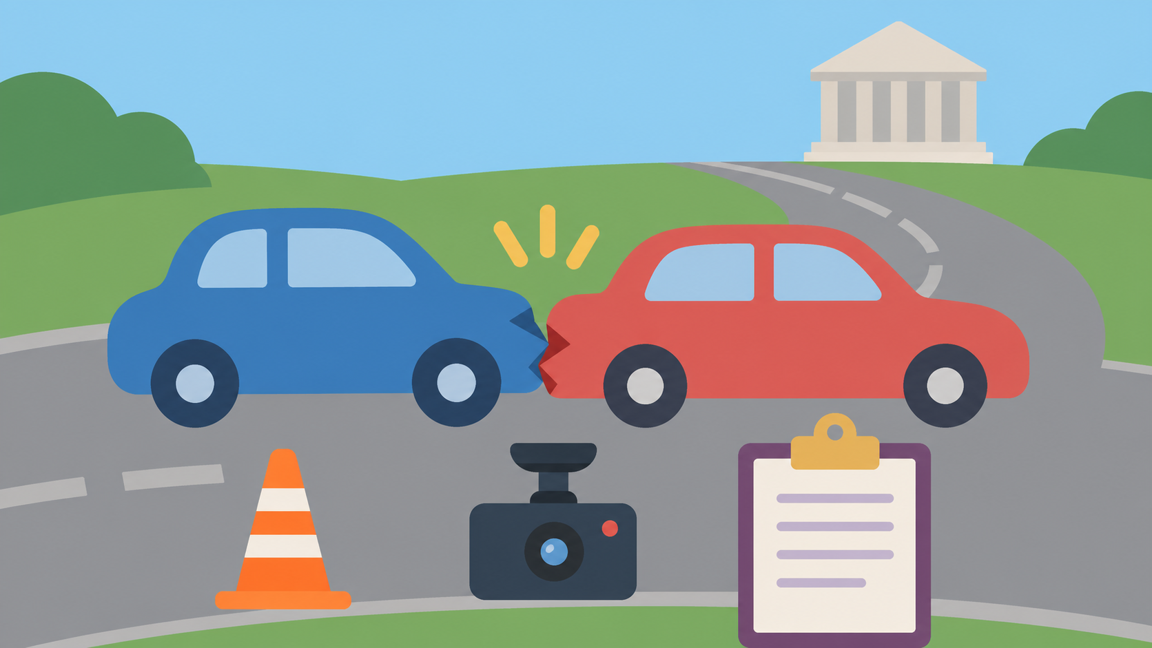 Flat-vector illustration of a two-vehicle crash with roadway evidence, medical records, and insurance documents