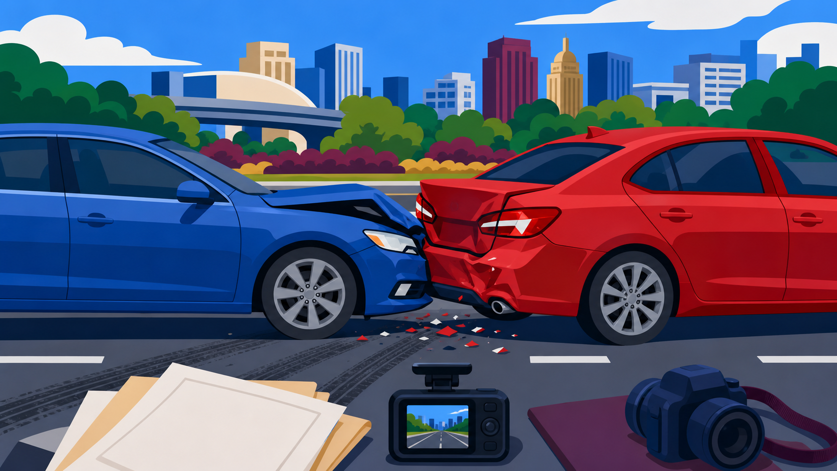 Flat-vector scene of a rear-end collision with vehicle damage, tire marks, a dash camera, and blank evidence documents