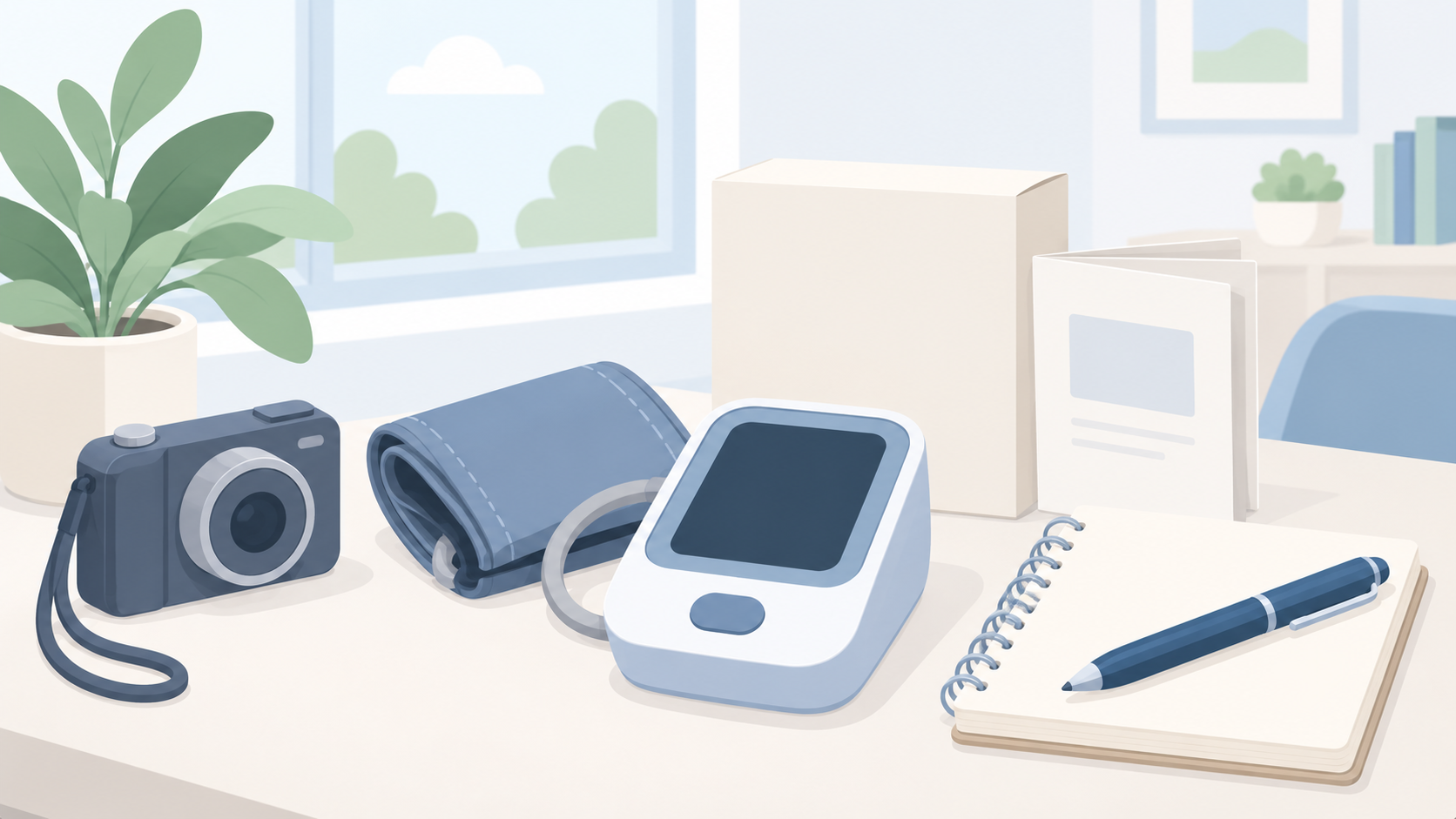 A blood-pressure meter and cuff beside a camera, plain packaging, and a notebook on a pale tabletop.