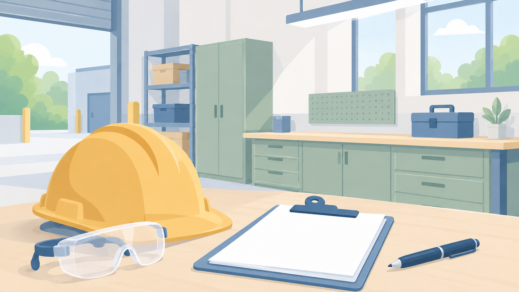 Soft illustration of a safety helmet, protective glasses, clipboard, and pen in a tidy workshop
