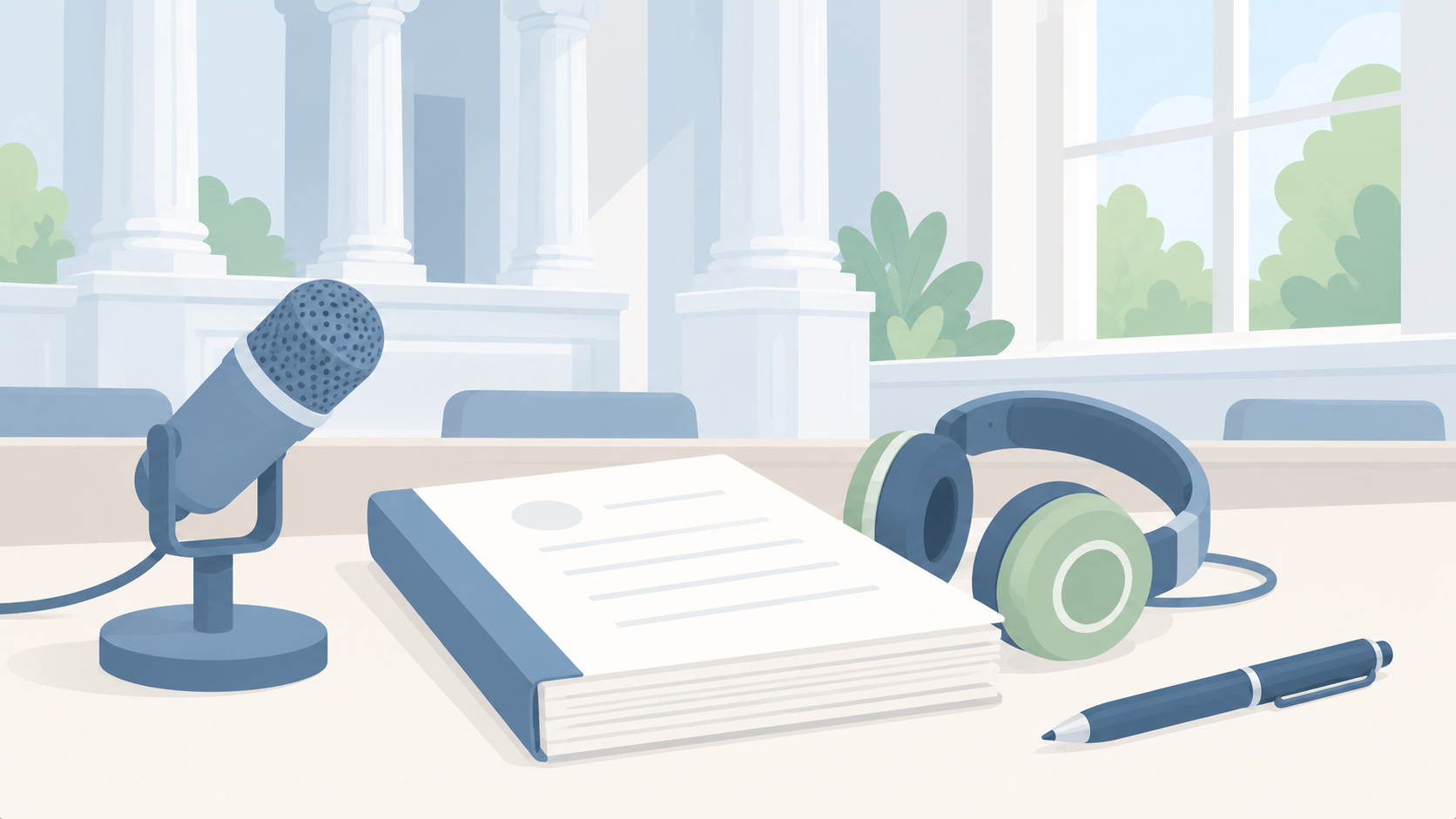 Soft illustration of a blue desk microphone, bound pages, sage headphones and a pen in an empty pale courthouse reading room