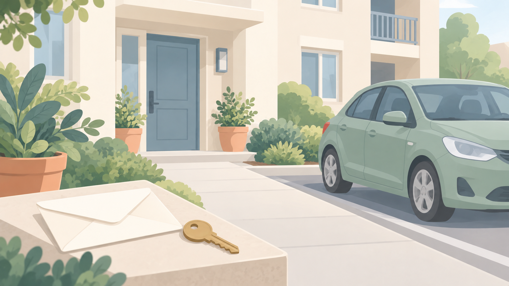 Soft illustration of a parked sage car near an apartment entrance, with plants, an envelope and a key in the foreground