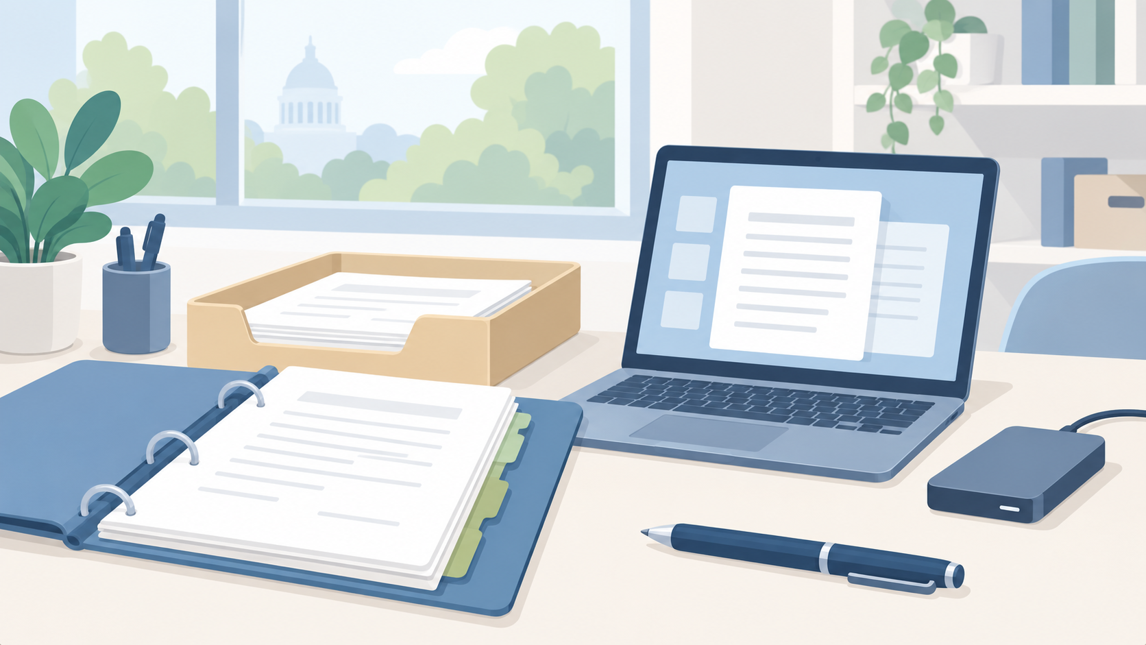 Soft illustration of an open document binder, paper tray, laptop, backup drive, and pen on a quiet office table