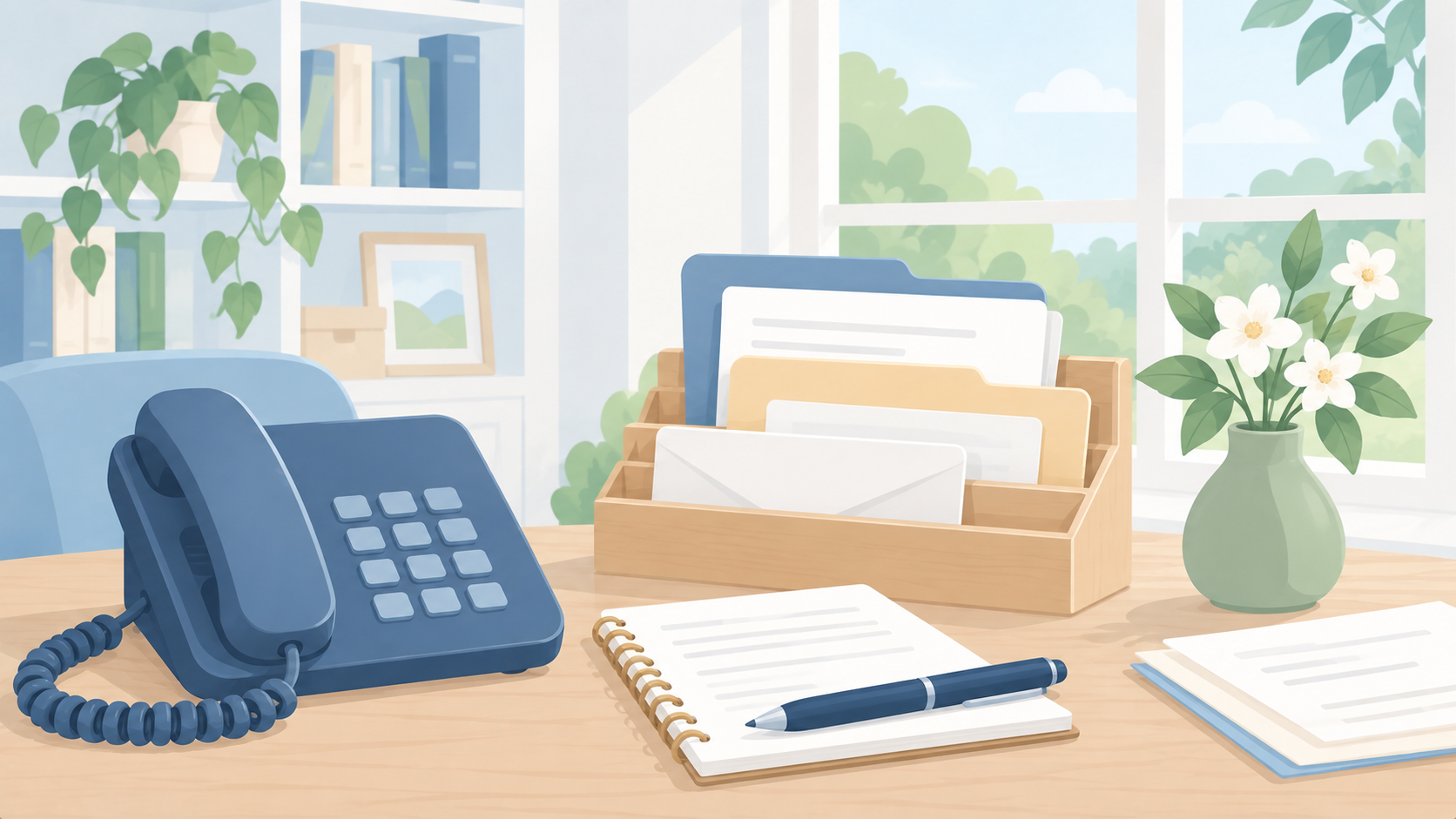 Soft illustration of a desk telephone, notebook, papers, and white flowers beside a pale study window
