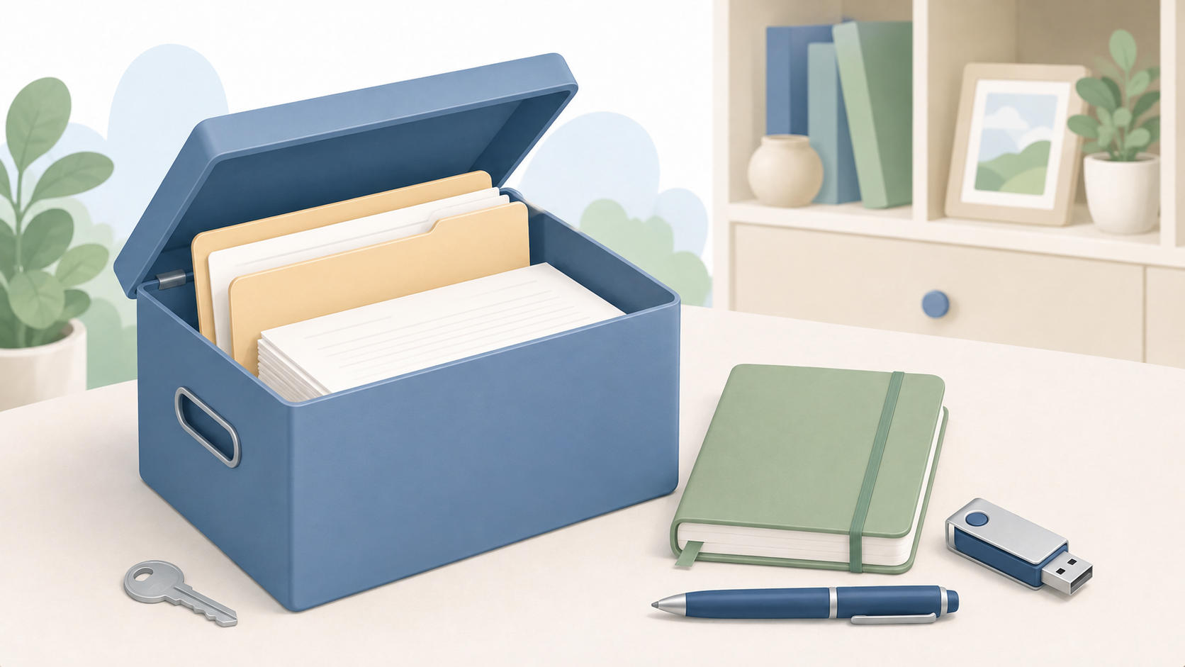 Soft illustration of a blue document box holding a cream folder and papers, with a notebook, pen, key, and backup drive