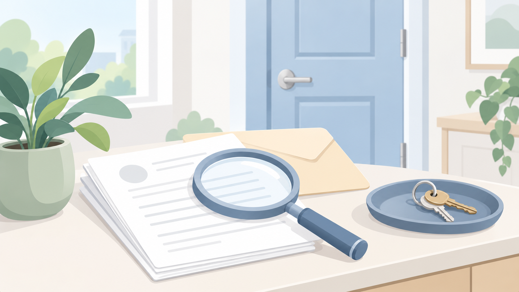 Soft illustration of papers, a magnifying glass, an envelope, and house keys on a table beside a pale blue apartment door