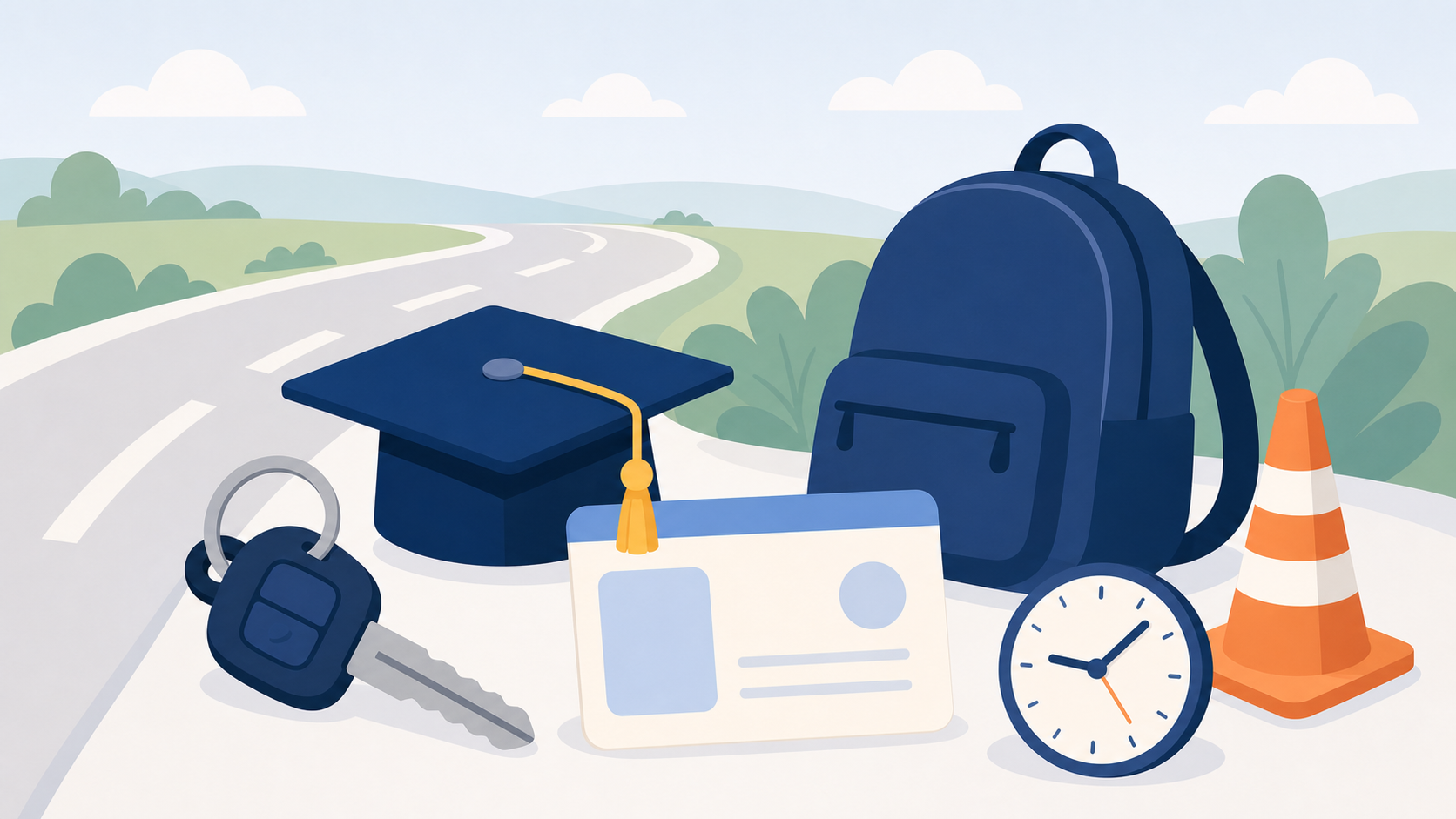 Flat illustration of an underage DUI evidence scene with car keys, school backpack, graduation cap, blank license card, roadway, and stopwatch