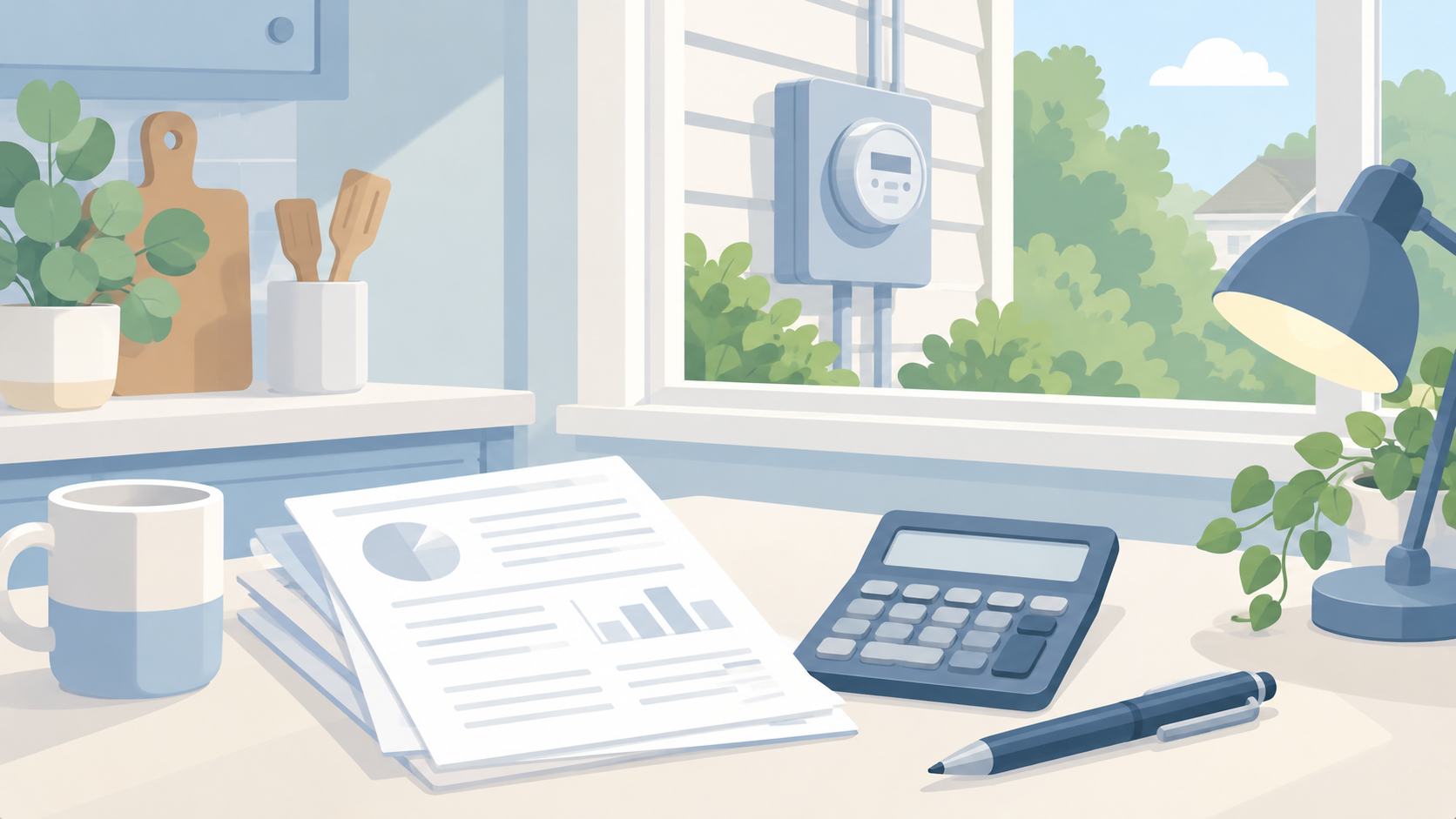 Soft illustration of utility statements, a blank calculator and pen on a kitchen table, with a meter outside the window