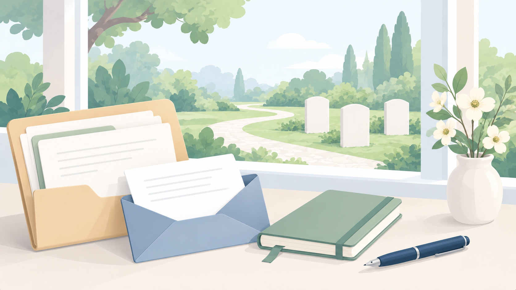 Soft illustration of planning papers, an envelope, a notebook, and flowers beside a window overlooking a quiet memorial garden