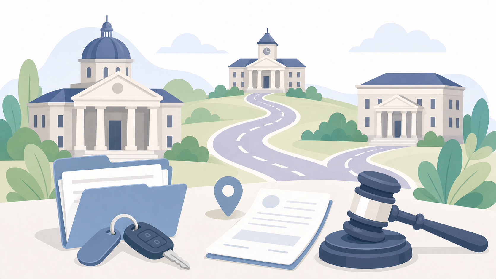 Flat illustration of multiple courthouse buildings connected by roads with car keys, blank court notice, map pin, and judge's gavel