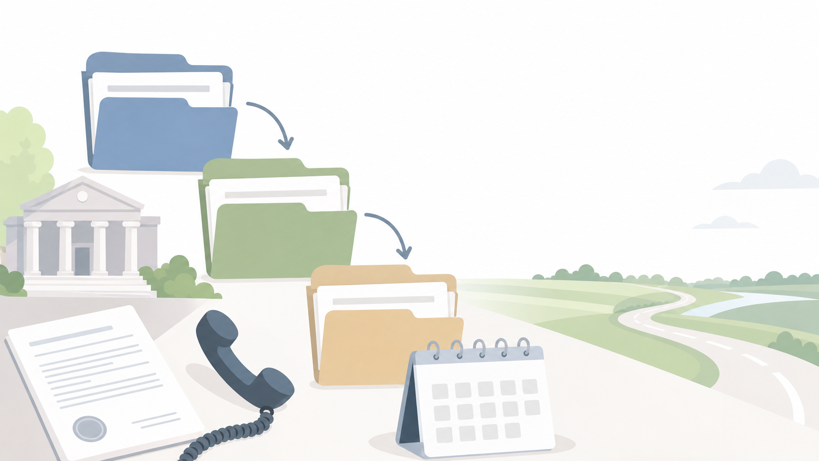 Illustration of blank court files, a phone, a calendar, and a courthouse representing a criminal case